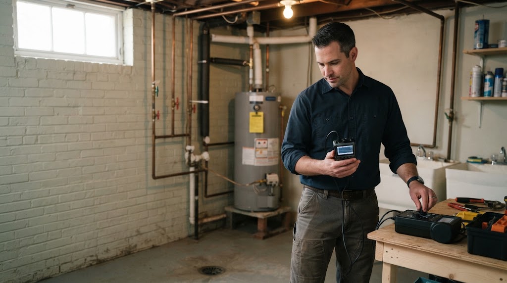 Homeowner preparing to call a leak detection specialist in Belleville NJ with meter readings