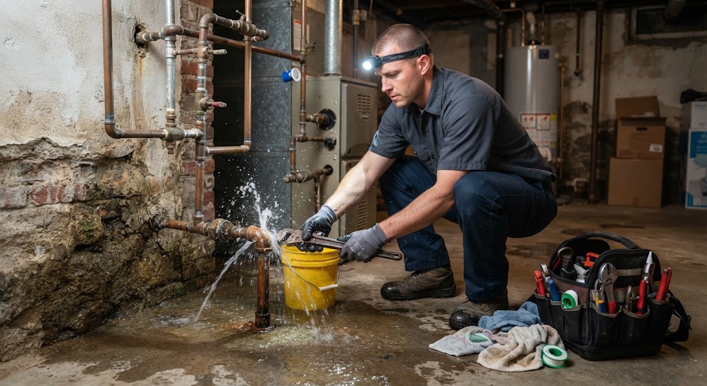 Emergency leak repair in Belleville NJ technician quickly responding to active burst pipe leak