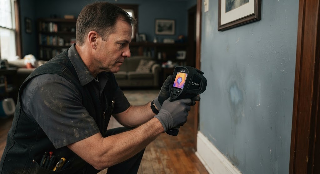 Thermal imaging camera pinpointing hidden water leak detection in Belleville NJ home