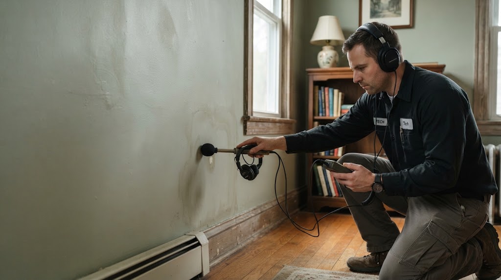 Professional technician performing leak detection in Belleville NJ using acoustic equipment
