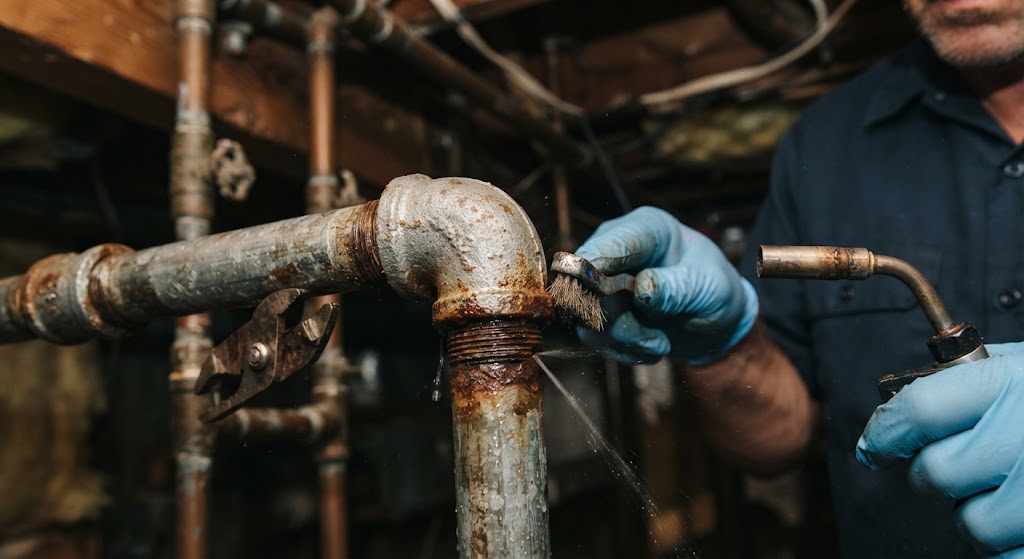 Pipe leak repair in Belleville NJ showing technician inspecting corroded copper pipe joints